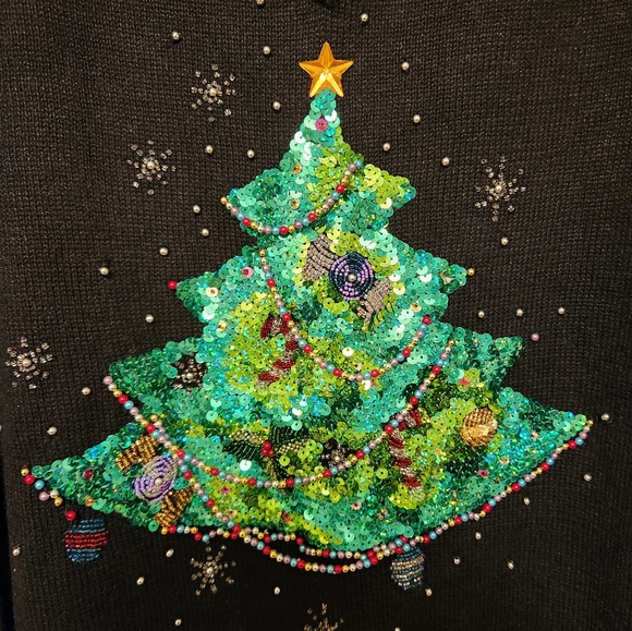 Quacker Factory Christmas Tree Holiday V-neck Black Sequin Beaded Sweater 2X - Picture 6 of 6